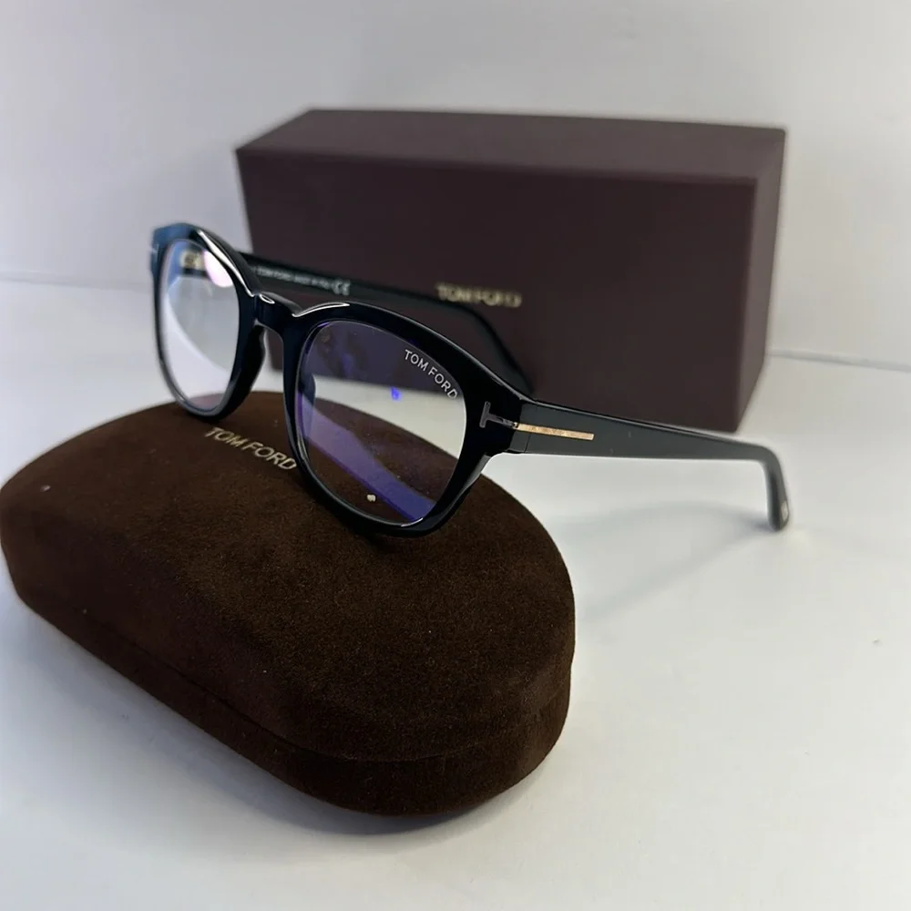 New - Authentic Tom Ford TF5808-B 001 Eyeglasses Men's Shiny Black/Blue Block …